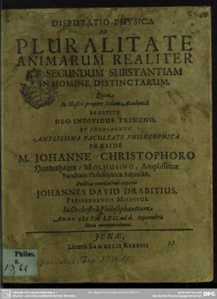 Disputatio physica De pluralitate animarum realiter et secundum substantiam in homine distinctarum