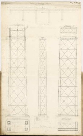 Eiserner Eisenbahnviadukt Monatskonkurrenz März 1877: Aufriss Seitenansicht; Pfeiler: 3 Grundrisse (auf verschiedenen Ebenen), Aufriss Vorderansicht, Seitenansicht, Querschnitt; Maßangaben, Maßstabsleiste
