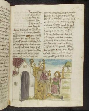 Der Bischof segnet den Ritter Awendus (Owein) und gibt ihm einen Brief.