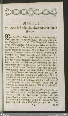 Nachricht von denen in diesem Catalogo vorkommenden Zeichen