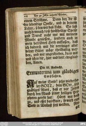 Die III. Andacht. Ermunterung zum gläubigen Empfahen.
