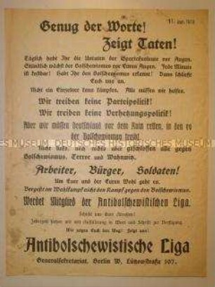 Propagandaflugblatt der Antibolschewistischen Liga zum Kampf gegen den Spartakus-Bund