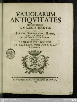 Variolarum Antiquitates Nunc Primum E Graecis Erutae
