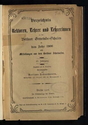 62: Verzeichnis der Rektoren, Lehrer und Lehrerinnen an den Berliner Gemeindeschulen - 62.1906