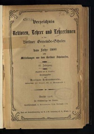62: Verzeichnis der Rektoren, Lehrer und Lehrerinnen an den Berliner Gemeindeschulen - 62.1906