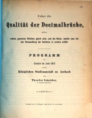 Programm zur Schlussfeier des Jahres ... an der Königl. Studienanstalt Ansbach. 1870/71