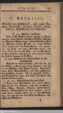 II. Abschnitt. Gerichte von Fischwerk, wie auch Austern, Duckanteln, Fröschen, Krebsen, Rohrhühnern, Schildkröten und Schnecken