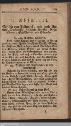 II. Abschnitt. Gerichte von Fischwerk, wie auch Austern, Duckanteln, Fröschen, Krebsen, Rohrhühnern, Schildkröten und Schnecken