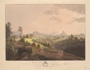 Schöna-Reinhardtsdorf in der Sächsischen Schweiz von Nordwesten mit den Felsen Kaiserkrone und Zirkelstein im Hintergrund