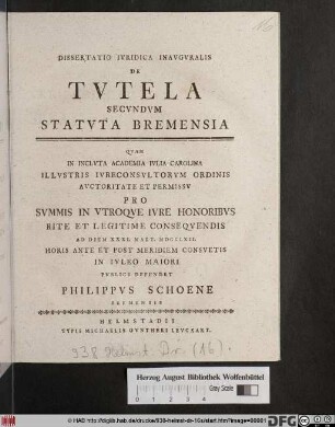 Dissertatio Ivridica Inavgvralis De Tvtela Secvndvm Statvta Bremensia