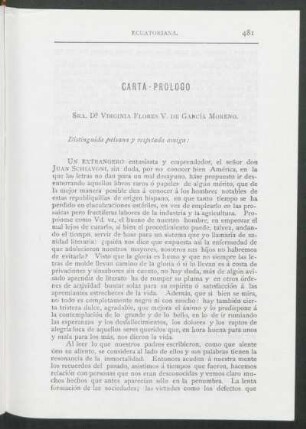 Carta - Prologo : Sra. Da. Virginia Flores V. de García Moreno