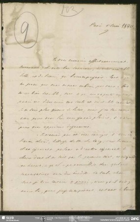 Eigenh. Brief von Achille Léon Victor de Broglie an August Wilhelm von Schlegel, Paris, 01.06.1840