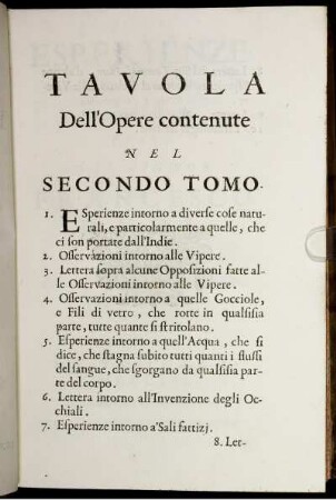Tavola Dell'Opere contenute Nel Sesondo Tomo.