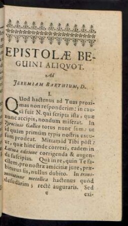 Epistolae Beguini aliquot. Ad Jeremiam Barthium, D.