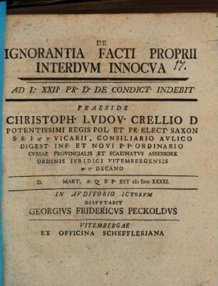 De Ignorantia Facti Proprii Interdvm Innocva : Ad L. XXII. Pr. D. De Condict. Indebit