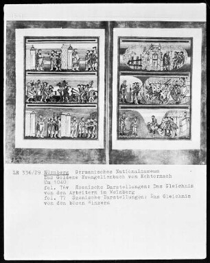 Das Goldene Evangelienbuch von Echternach — Bildseite mit dem Gleichnis von den Arbeitern im Weinberg, Folio 76verso