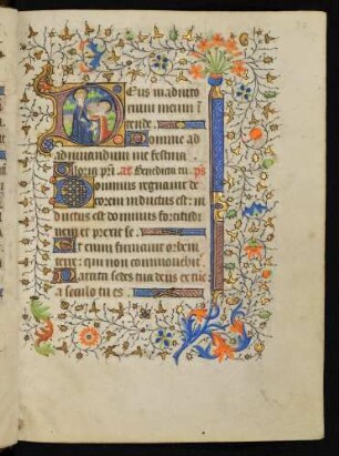 Initiale D, historisiert (Heimsuchung), mit Fadenrankenbordüre