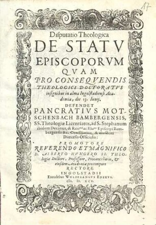 Disputatio Theologica De Statv Episcoporvm