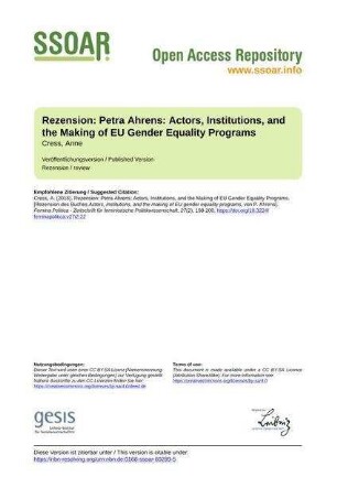 Rezension: Petra Ahrens: Actors, Institutions, and the Making of EU Gender Equality Programs