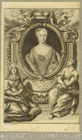 Bildnis der Fürstin Anna Friederike von Anhalt-Köthen, geb. Gräfin von Promnitz, Halbfigur in opulentem Rahmen mit allegorischen Assistenzfiguren