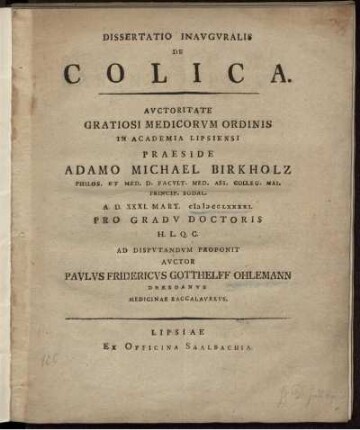 Dissertatio Inauguralis De Colica