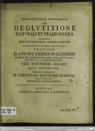 Dissertationem Inauguralem De Deglutitione Naturali Praepostera