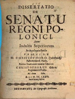 Diss. de senatu regni Polonici