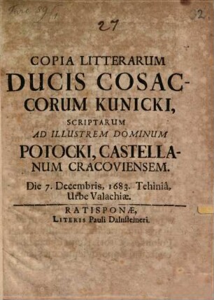 Copia Litterarum ducis Cosacorum Kunicki ... ad D. Potocki