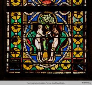 Fenster A-IX mit Genesisszenen und heiligen Jungfrauen : Genesisszenen : Der Sündenfall