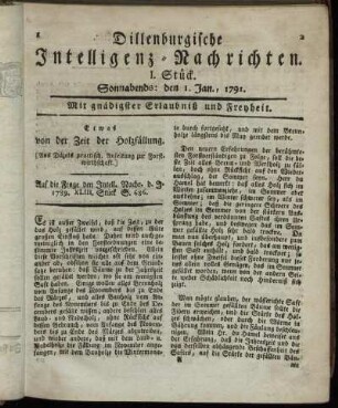 I. Stück. Sonnabends: den 1. Jan., 1791.