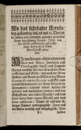 Wo das sichtbahre Jerusalem gestanden, wie es mit 12. Thoren in Judea von Steinen gebauet gewesen, sampt dem schönen Tempel [...]