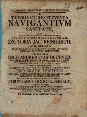 Dissertatio Inavgvralis Medico-Practica, De Tvenda Et Restitvenda Navigantivm Sanitate