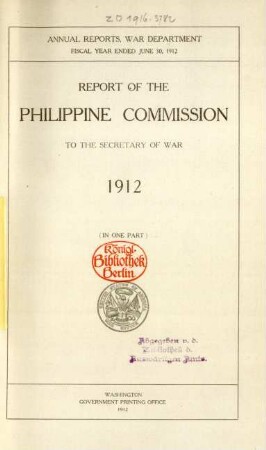 13.1912: Report of the Philippine Commission to the Secretary of War