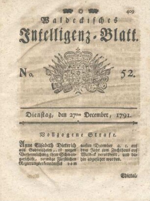 No. 52, Dienstag, den 27ten December, 1791