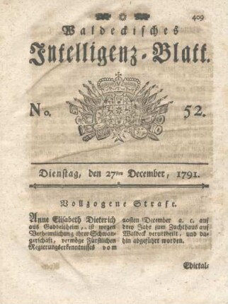 No. 52, Dienstag, den 27ten December, 1791