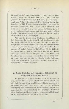 V. Archiv, Bibliothek und mechanische Hülfsmittel des Königlichen statistischen Bureaus