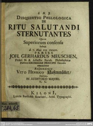 Disquisitio Philologica De Ritu Salutandi Sternutantes