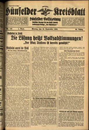 Erste Ausgabe vom Montag, den 19. September 1938.