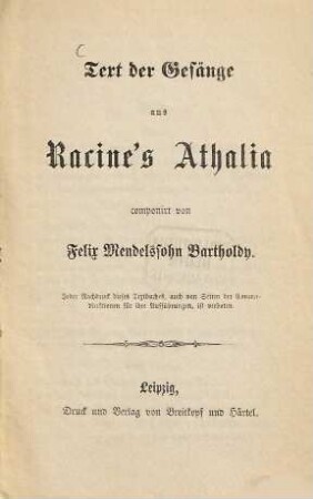 Text der Gesänge aus Racine's Athalia