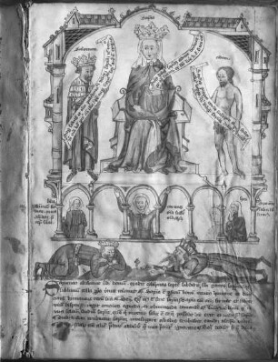 Hs 213 aus dem Dominikanerkloster Eichstätt, fol. 3 r.: De Sapientia Divina et Humana: Salomon, Sapientia, Adam, Fides, Caritas, Spes, zwei Könige