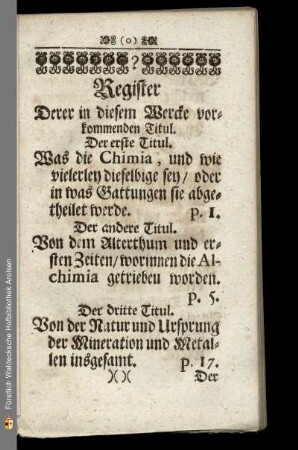 Register derer in diesem Wercke vorkommenden Titul