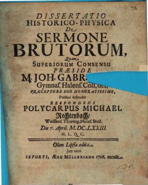 Dissertatio historico-physica de sermone brutorum
