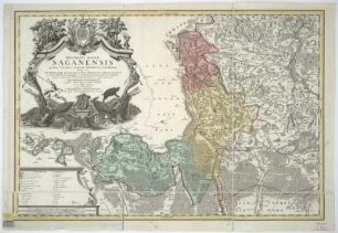 Karte von dem Herzogtum Sagan, 1:110 000, Kupferstich, 1736 : Principatus Silesiae Saganensis in suos Circulos, Sagan, Priebus, et Naumburg divisi et a I. W. Wieland Geometra et Locumentente emensi nova et accurata Tabula Geographica : Cum spec. S. Caes. Rg. Maiestatis Privil. / ob praematuram mortem Authoris denuo rectificata per Caesareum Locumtenent et Archit. militarem Matthaeum Schubarth. - [Ca. 1:110 000]. - Norimbergae : Haeredibus Homannianis , 1736. - 1 Kt. : Kupferst. ; 83 x 56 cm. Inselkt. - Maßstab in graph. Form (Milliaria Silesiaca, Milliaria Geographica Germanica). - Nullmeridian: Ferro. - Titelkartusche oben links mit Wappen u. Genredarst. - Mit Suchnetz