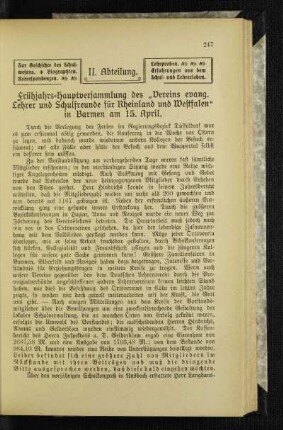 Frühjahrs-Hauptversammlung des "Vereins evang. Lehrer und Schulfreunde für Rheinland und Westfalen" im Barmen am 15. April