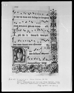 Antiphonarium — Initiale D (iem festum), darin die heilige Agnes (In der Bordüre ein Wappen und die Jahreszahl 1531)