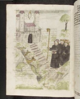 Brandan gebietet den Wundertieren vor der Burg im Paradies still liegen zu bleiben.