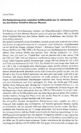 Die Restaurierung eines russischen Schiffsmodells des 18. Jahrhunderts aus dem Eutiner Schloß im Altonaer Museum