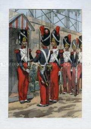 Uniformdarstellung, Gemeine des Grenadier-Regiments der Kaiserlichen Garde bei der Wachablösung, Frankreich, 1857. Tafel 12 aus: Napoléon III et sa garde.
