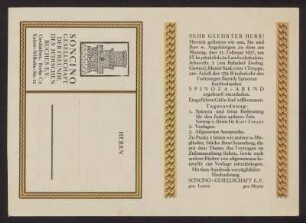 Einladungskarte zum Spinoza-Abend der Soncino-Gesellschaft am 21. Februar 1927