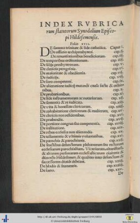 Index Rubricarum statutorum Synodalium Episcopi Hildesemensis.